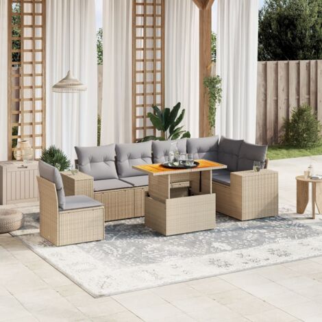 Canapé de jardin 7 pièces en résine tressée beige avec coussins gris – table réglable 100x55 cm, modulaire et UV résistant