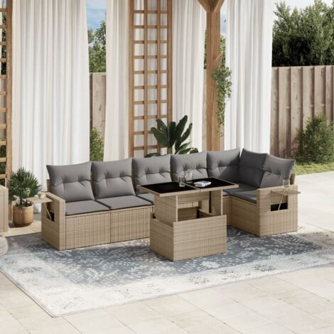 Canapé de jardin 7 pièces en résine tressée beige avec coussins gris – Table réglable 100x55 cm, modulaire et UV résistant