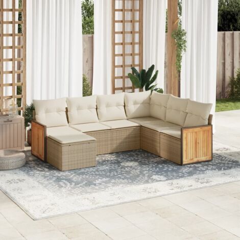Canapé de jardin 7 pièces en résine tressée beige avec coussins lavables – Modulaire, UV résistant, charge 110 kg