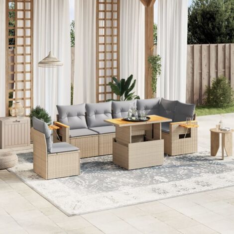 Canapé de jardin 7 pièces en résine tressée beige avec coussins lavables, table réglable 100x55 cm et accoudoirs en acacia