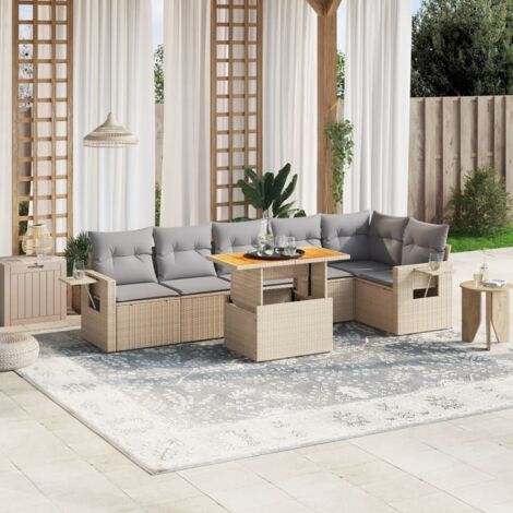 Canapé de jardin 7 pièces en résine tressée beige avec coussins lavables, table réglable 100x55 cm et structure modulaire