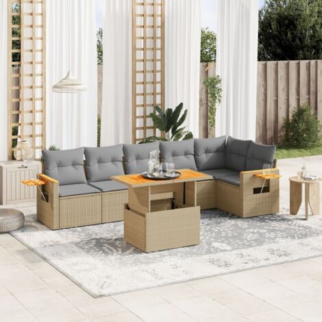 Canapé de jardin 7 pièces en résine tressée beige avec coussins lavables, table réglable et bois d'acacia