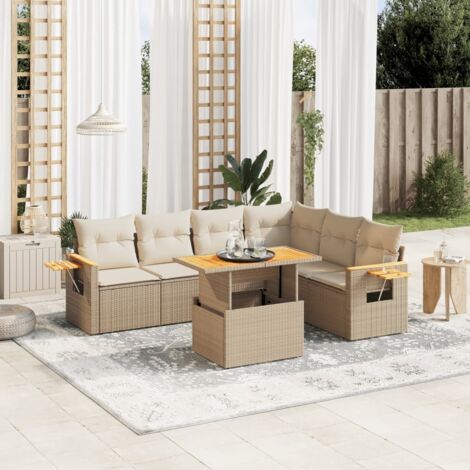 Canapé de jardin 7 pièces en résine tressée beige avec coussins lavables, table réglable et bois d’acacia