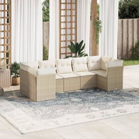 Canapé de jardin 7 places en résine tressée beige avec coussins amovibles – salon modulaire résistant aux intempéries