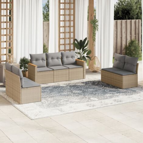 Canapé de jardin 7 places en résine tressée beige avec coussins gris lavables et rangement intégré