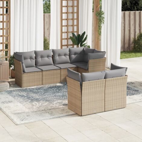 Canapé de jardin 7 places en résine tressée beige avec coussins gris lavables, rangement intégré et résistance UV