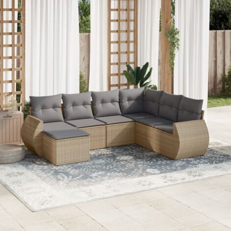 Canapé de jardin 7 places en résine tressée beige avec coussins lavables – Modulaire, UV résistant, charge 110 kg