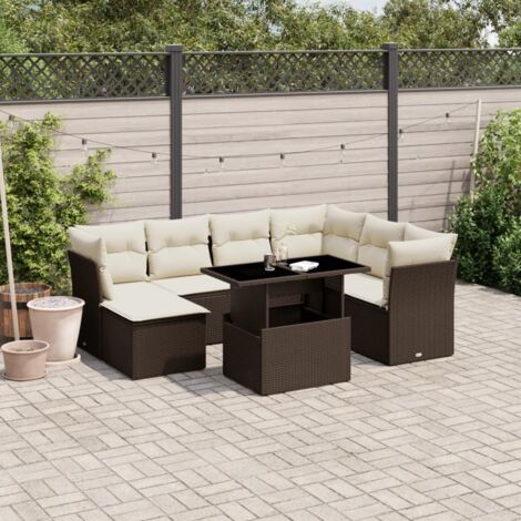 Canapé de Jardin 8 Places en Résine Tressée Marron avec Coussins Crème - Ensemble Salon Extérieur avec Table Réglable et Pouf