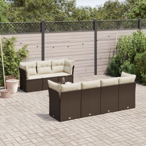 Canapé de jardin 8 places en résine tressée marron avec table en verre trempé, coussins blanc crème lavables - Ensemble modulaire extérieur avec 4 fauteuils d'angle et 3 banquettes