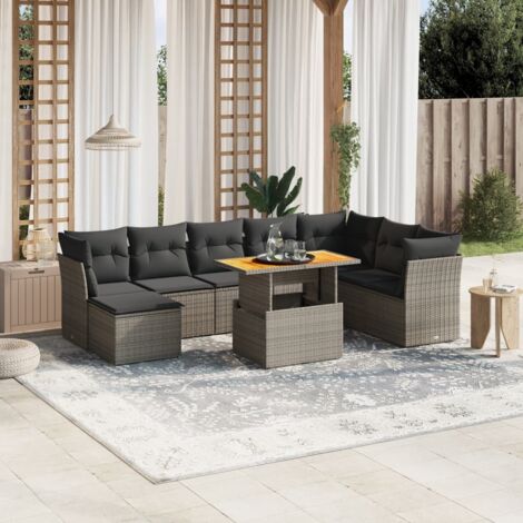 Canapé de jardin 9 pièces avec coussins gris en résine tressée, 4 sièges centraux + 3 d'angle, table à plateau réglable acacia, design modulaire pour terrasse