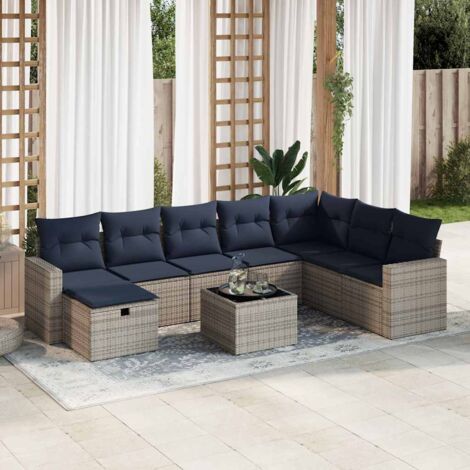 Canapé de Jardin 9 Pièces en Résine Tressée Gris avec Coussins Bleu Marine, Table et Pouf de Rangement, Cadre Acier, Lavable, Résistant aux Intempéries