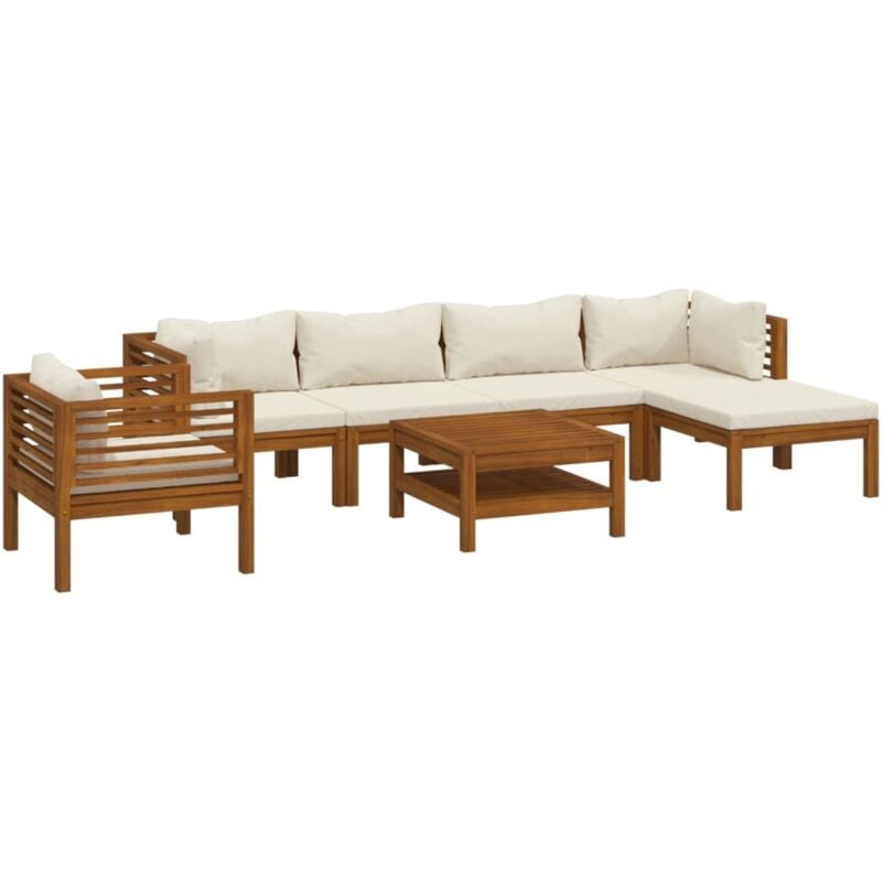 Salon de jardin 7 pcs avec coussin crème Bois d'acacia solide Vidaxl