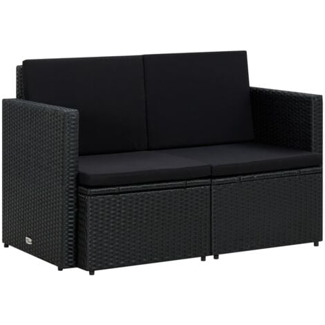 Canapé de jardin à 2 places avec coussins Noir Résine tressée vidaXL
