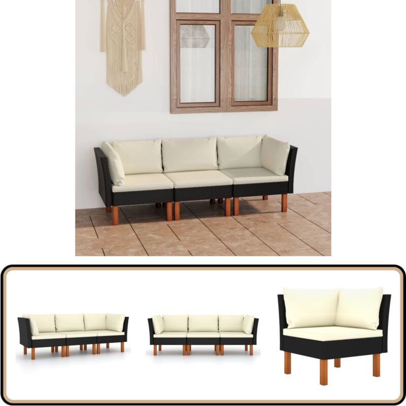 Canapé de jardin à 3 places avec coussins Noir Résine tressée - Canapé De Jardin - Salon De Jardin - Mobilier De Jardin - Meubles De Jardin - Canapé