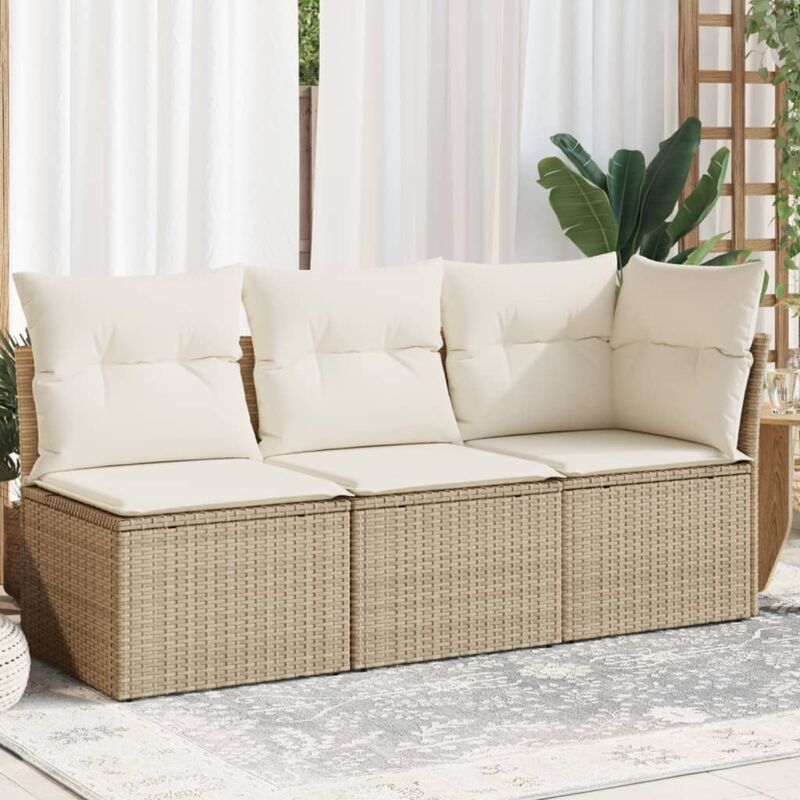 Canapé de jardin avec coussins 3 places beige résine tressée Vidaxl