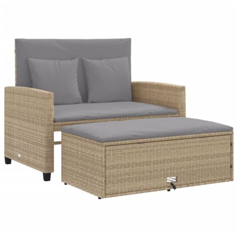 Canapé de jardin avec coussins 2 places beige résine tressée