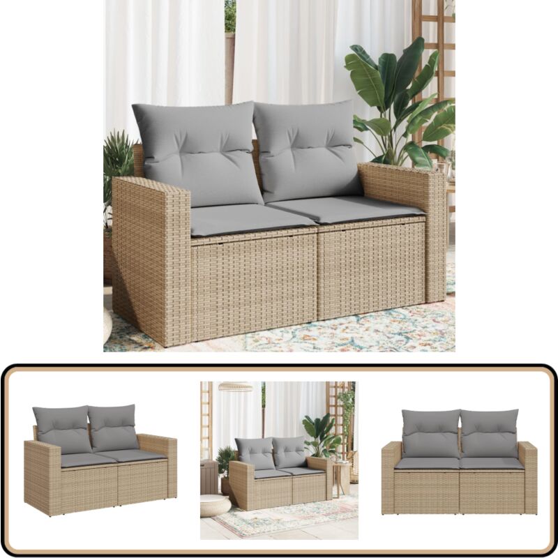 Canapé de jardin avec coussins 2 places beige résine tressée - Canapé De Jardin - Meuble De Jardin - Salon De Jardin - Résine Tressée - Fauteuil De