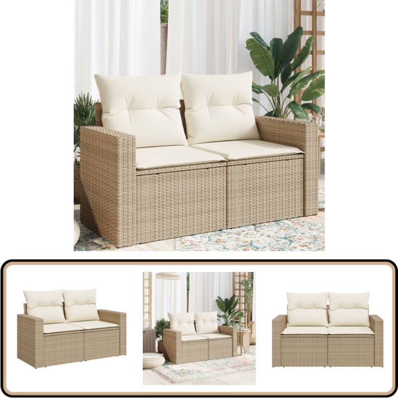 Canapé de jardin avec coussins 2 places beige résine tressée - Canapé De Jardin - Meuble De Jardin - Salon De Jardin - Résine Tressée - Rotin