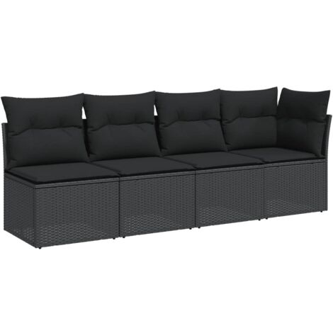 Canapé de jardin avec coussins 4 places noir résine tressée