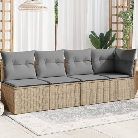 Canapé de jardin avec coussins 4 places-Salon de jardin Sofa extérieur beige résine tressée 649183