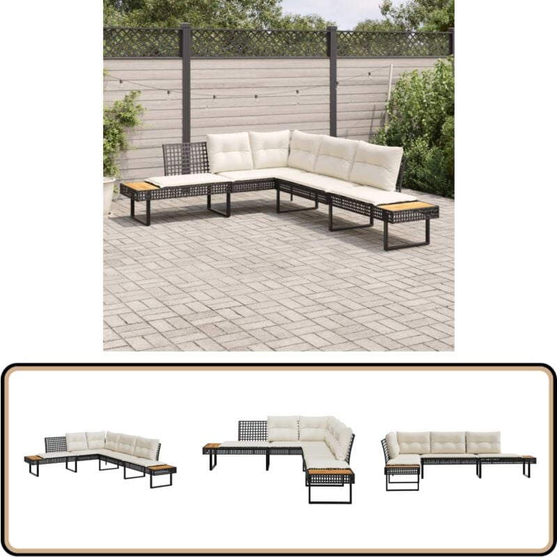 Canapé de jardin avec coussins en forme de l noir rotin acacia - Canapé Jardin - Canapé Extérieur - Salon De Jardin - Ensemble Jardin - Meubles De