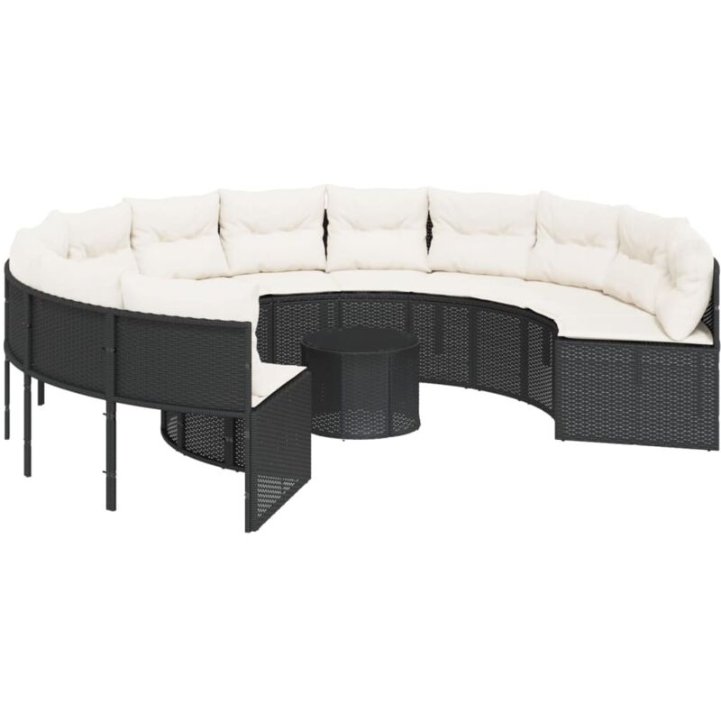 Canapé de jardin avec table coussins rond noir résine tressée - Vidaxl