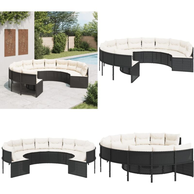 Canapé de jardin avec coussins rond noir résine tressée - Canapé De Jardin - Canapé Extérieur - Salon De Jardin - Ensemble De Jardin - Mobilier De
