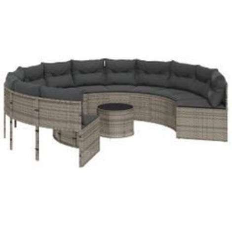Canapé de jardin avec table coussins rond gris résine tressée
