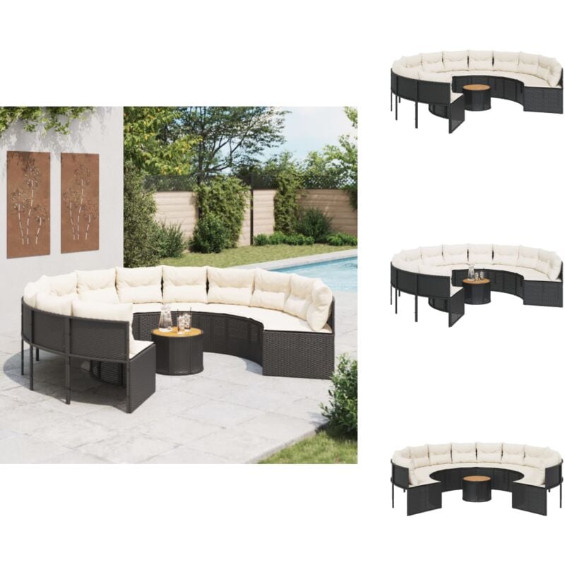 Canapé de jardin avec table coussins rond noir résine tressée - Canapé De Jardin - Canapé Extérieur - Salon De Jardin - Ensemble De Jardin - Mobilier