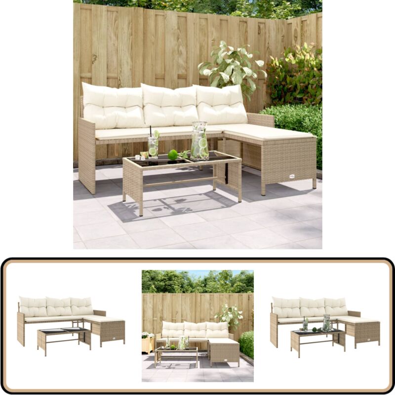Canapé de jardin avec table et coussins en forme de l beige - Canapé Jardin - Salon De Jardin - Ensemble Jardin - Mobilier Extérieur - Résine Tressée