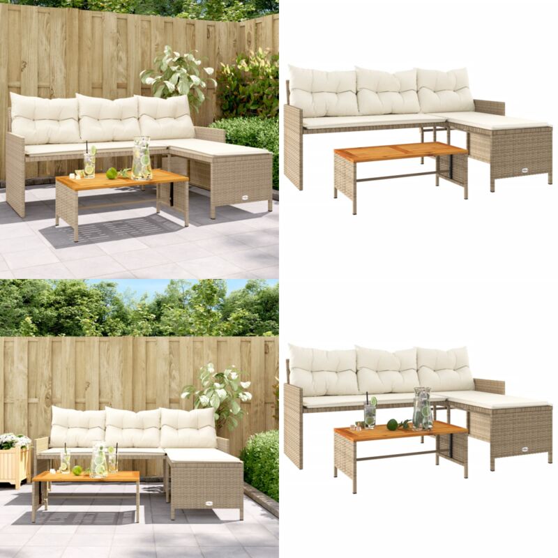 Canapé de jardin avec table et coussins en forme de l beige - Canapé Jardin - Salon Extérieur - Mobilier Jardin - Résine Tressée - Rotin Synthétique