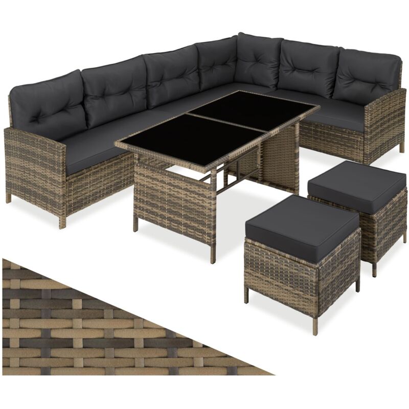 tectake® Rattan Lounge, für 6 bis 8 Personen, UV-beständig, mit Sicherheitsglasplatten