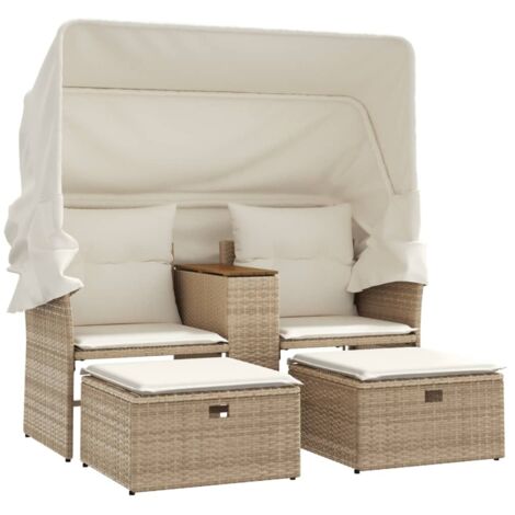 Canapé de jardin  Divan de jardin 2 places avec auvent et tabourets beige rotin