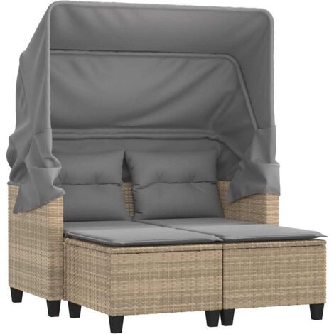 Canapé de jardin  Divan de jardin 2 places avec auvent et tabourets beige rotin