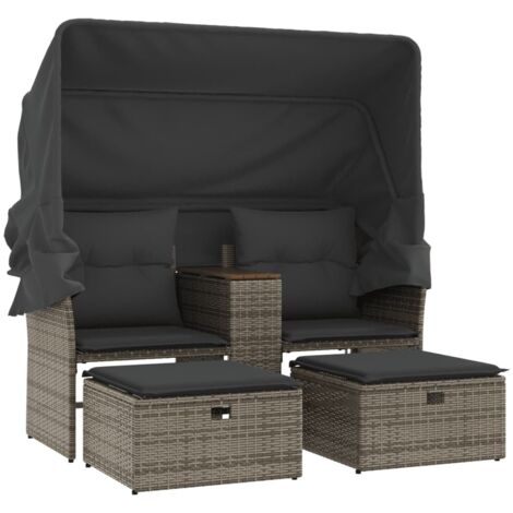 Canapé de jardin  Divan de jardin 2 places avec auvent et tabourets gris rotin