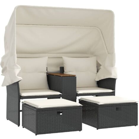 Canapé de jardin  Divan de jardin 2 places avec auvent et tabourets noir rotin