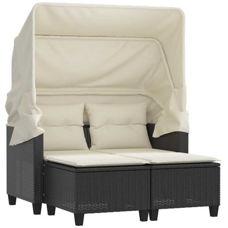 Canapé de jardin  Divan de jardin 2 places avec auvent et tabourets noir rotin
