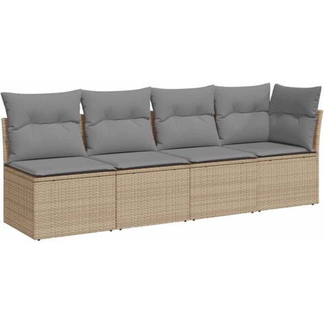 Canapé de jardin Divan de jardin avec coussins 4 places beige résine tressée