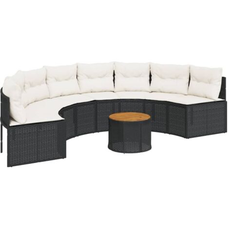 Canapé de jardin  Divan de jardin table coussins demi-rond noir résine tressée