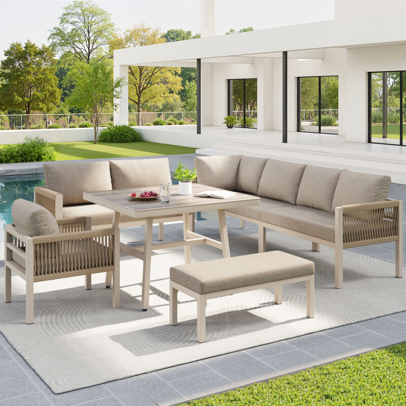 Canapé de jardin en forme de L, jusqu'à 8 personnes, armature en fer avec revêtement, résistant aux intempéries, beige