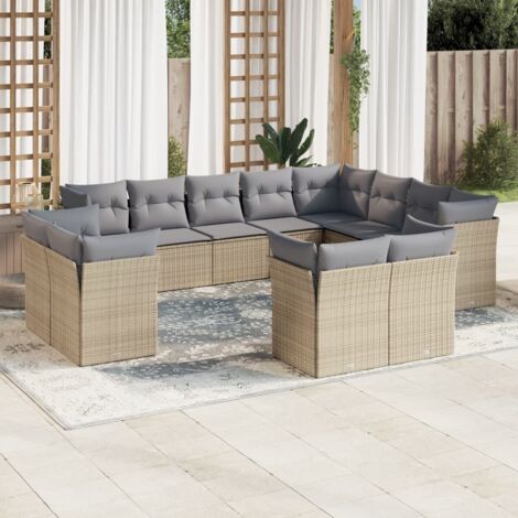 Canapé de Jardin en Résine Tressée Beige, 12 Places avec Coussins Gris, Modulaire, Résistant aux UV et aux Intempéries, pour Terrasse et Jardin