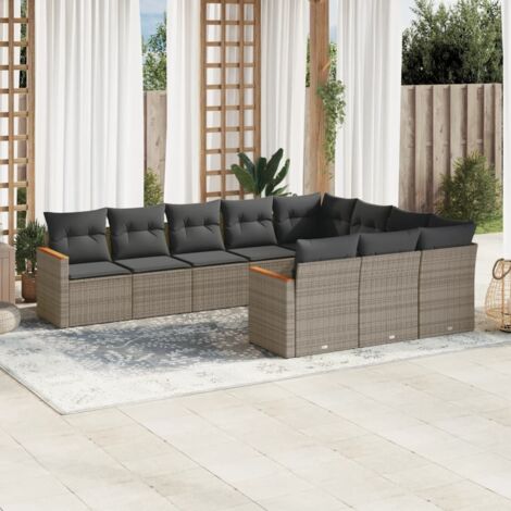 Canapé de Jardin en Résine Tressée Gris 10 Places Modulable avec Coussins Amovibles et Lavables, Cadre en Acier, 2 Coins, 2 Accoudoirs, 6 Centraux, Stockage Intégré, 110kg par Siège, Housse Imperméabl