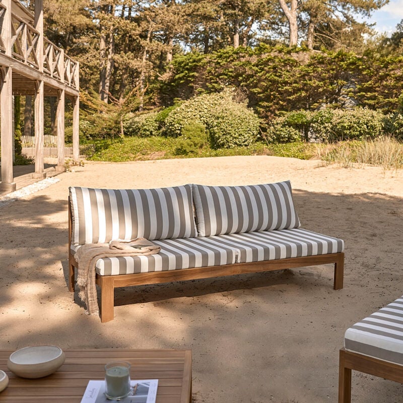 Canapé de jardin en teck massif rayé blanc et taupe