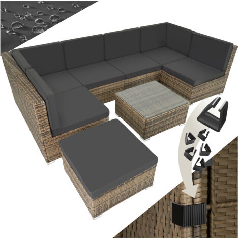 Tectake – Canapé de jardin Lounge en rotin 6-7 places – Résine tressée résistante aux intempéries – Coussins hydrofuges amovibles – Table avec plateau en verre
