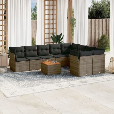 Canapé de Jardin Modulaire 10 Places en Résine Tressée Gris avec Coussins et Table en Acacia