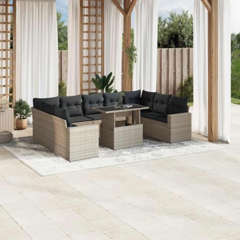 Canapé de Jardin Modulaire 10 Places Gris Clair avec Coussins Détachables, Résine Tressée, Table à Hauteur Réglable