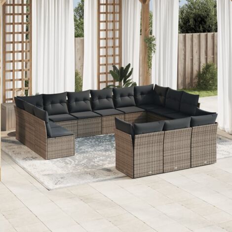 Canapé de Jardin Modulaire 13 Pièces en Résine Tressée Gris avec Coussins, Rangement Intégré, Housse Lavable, UV, Max 110kg, 55x55cm