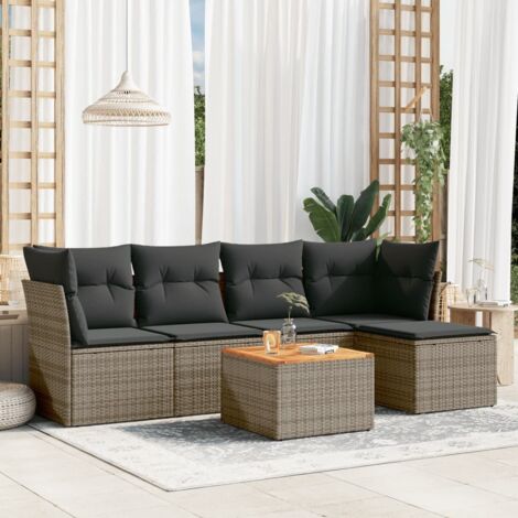 Canapé de Jardin Modulaire 5 Pièces Noir Résine Tressée avec Coussins et Table Acacia  Ensemble Salon Exterieur [2x Canapé d'Angle, 1x Central, 1x Table, 1x Pouf, 9 Coussins Crème]  Résistant aux Inte