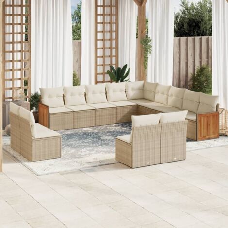 Canapé de Jardin Modulaire en Résine Tressée Beige 13 Places - Ensemble Salon d'Extérieur avec Coussins et Coffre de Rangement 1 Angle + 10 Centraux + 2 Accoudés