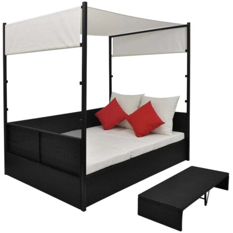 Canapé de jardin Relax  Lit de jardin avec auvent Noir 190x130 cm Résine tressée -FR23146
